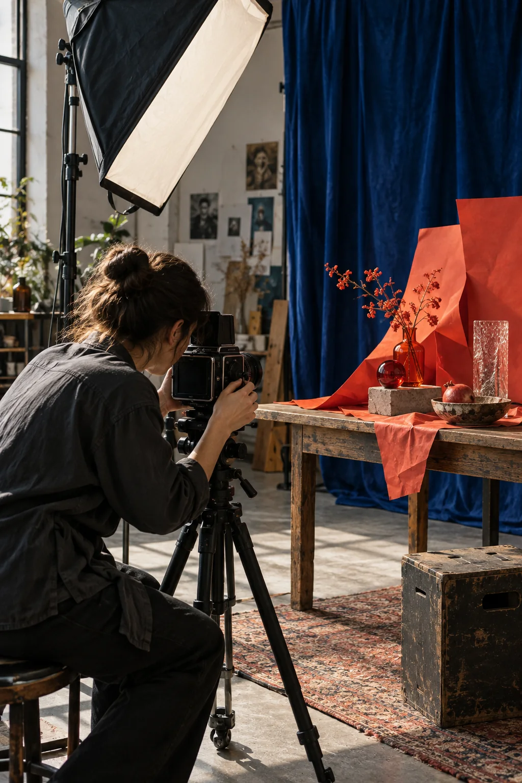 Photographer adjusting a camera beside a vivid still-life setup