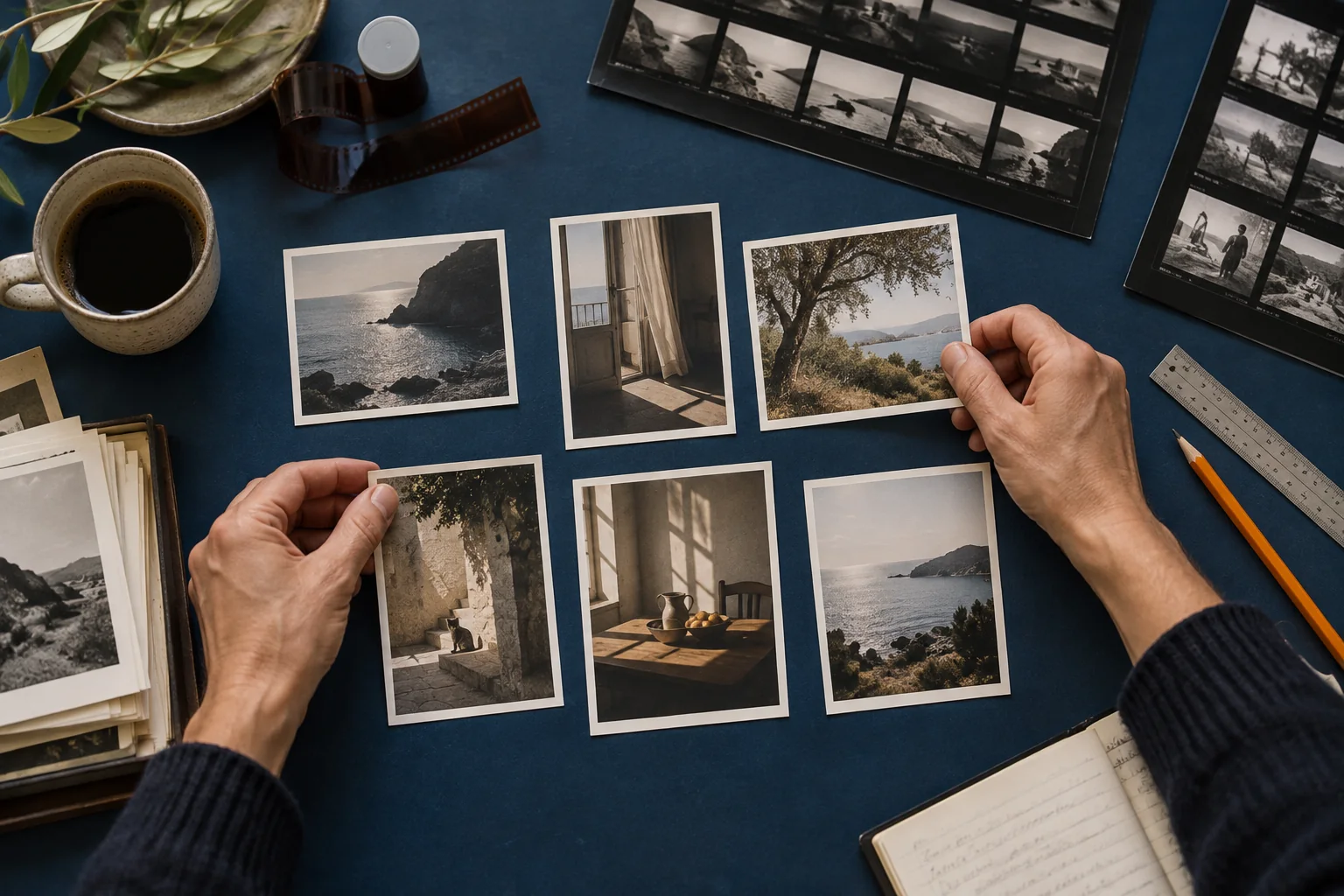 Hands selecting photographs and contact sheets on a blue table