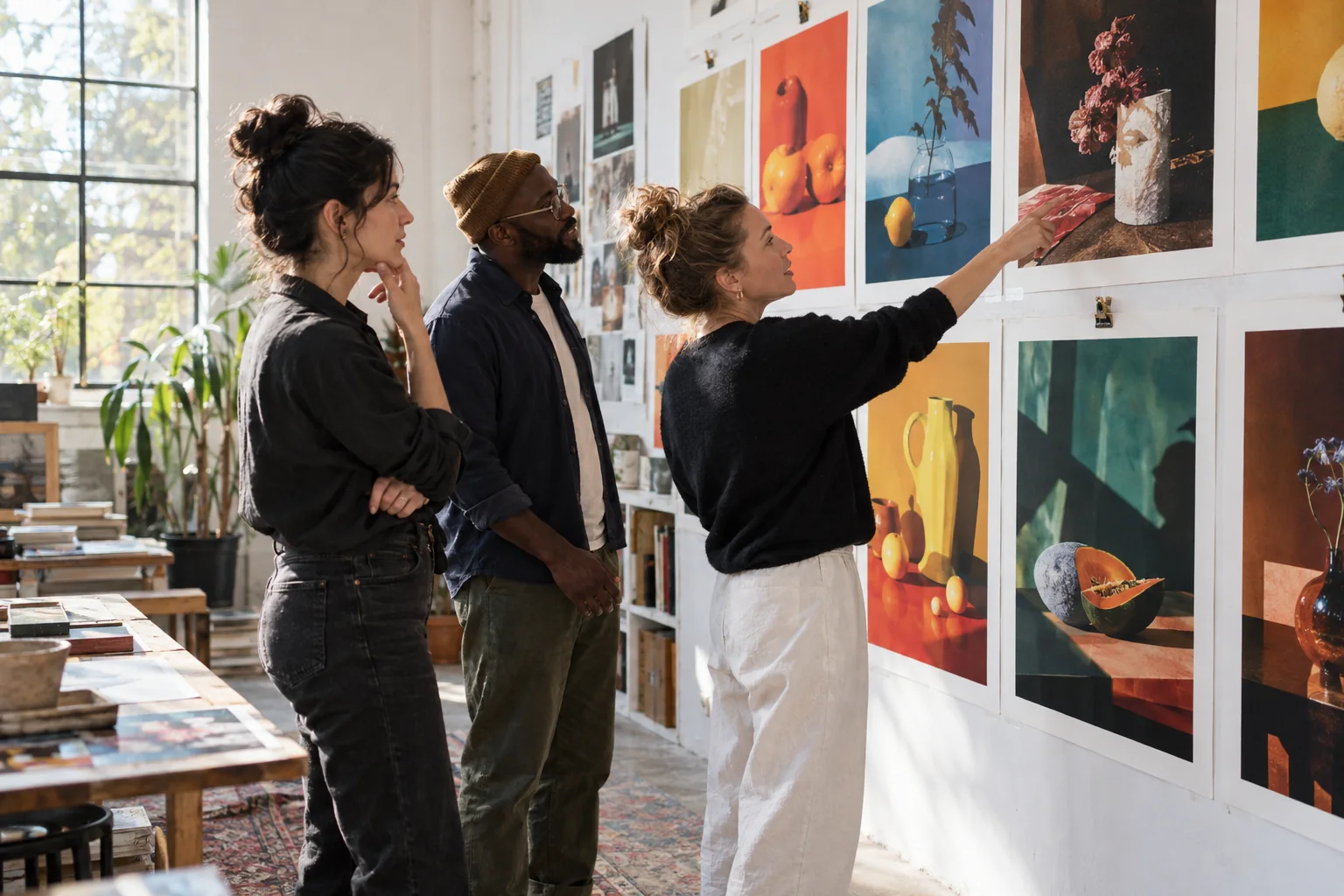 Three artists discussing a wall of photographic studies
