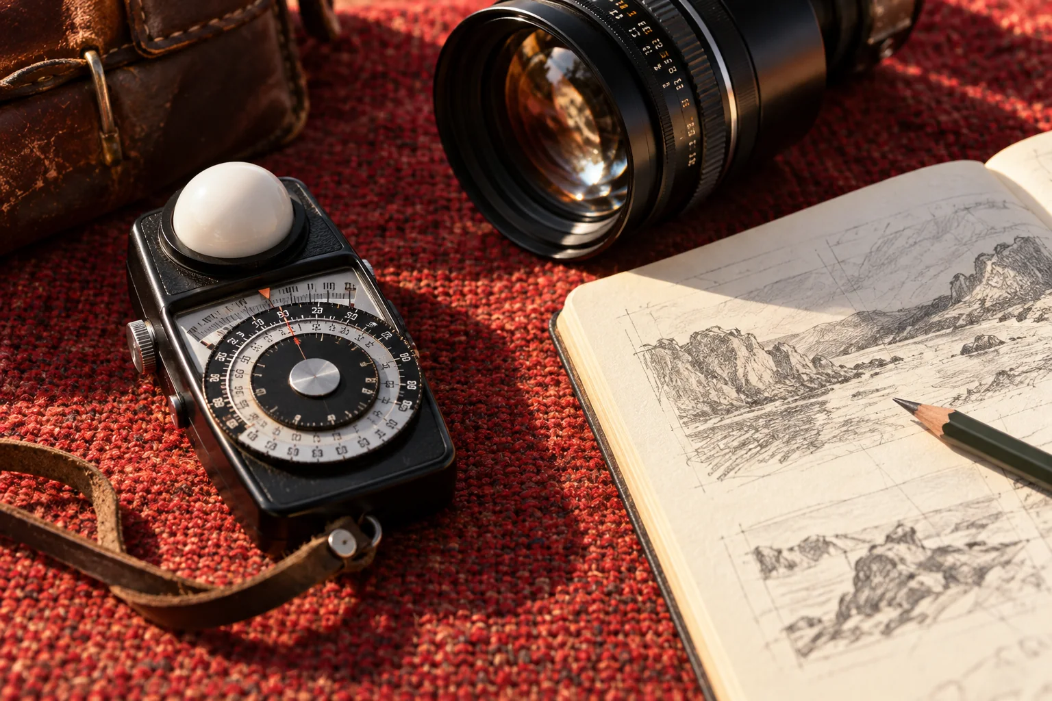 Light meter, camera lens and a sketchbook in directional light