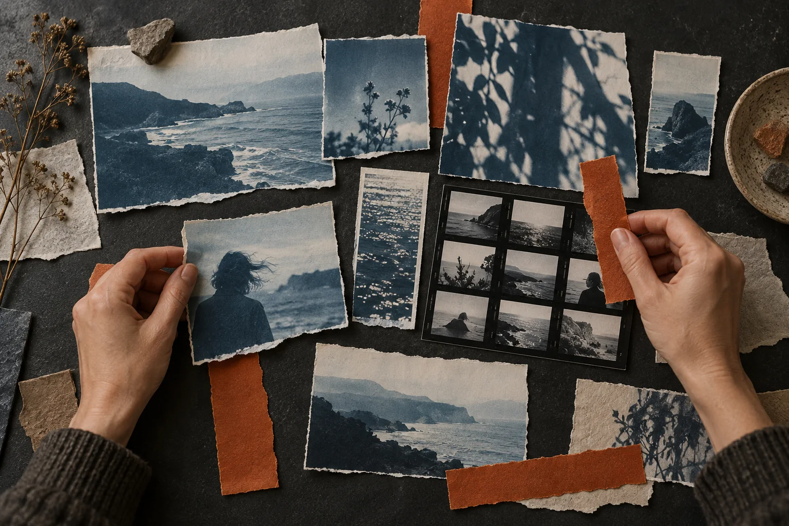 Hands arranging torn photographs and paper into a sequence