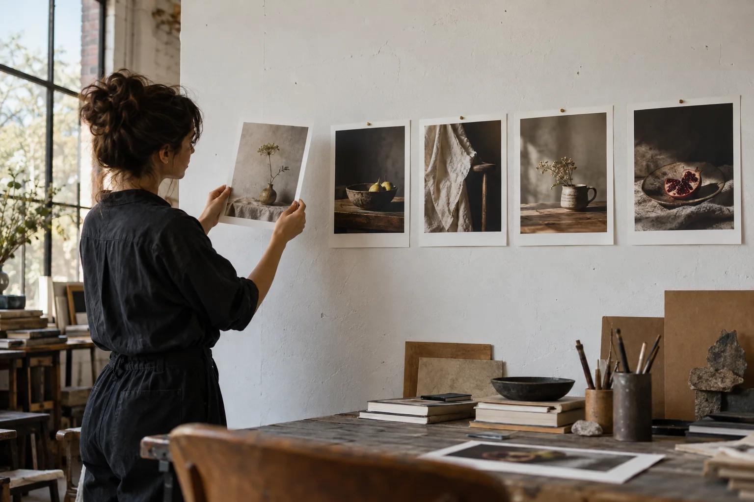 Designer comparing prints in a photographic sequence on a studio wall